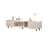 Cream wooden TV stand featuring sliding door and drawers for stylish storage